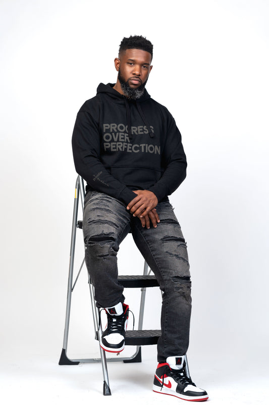 Progress Over Perfection Hoodie- Black on Black